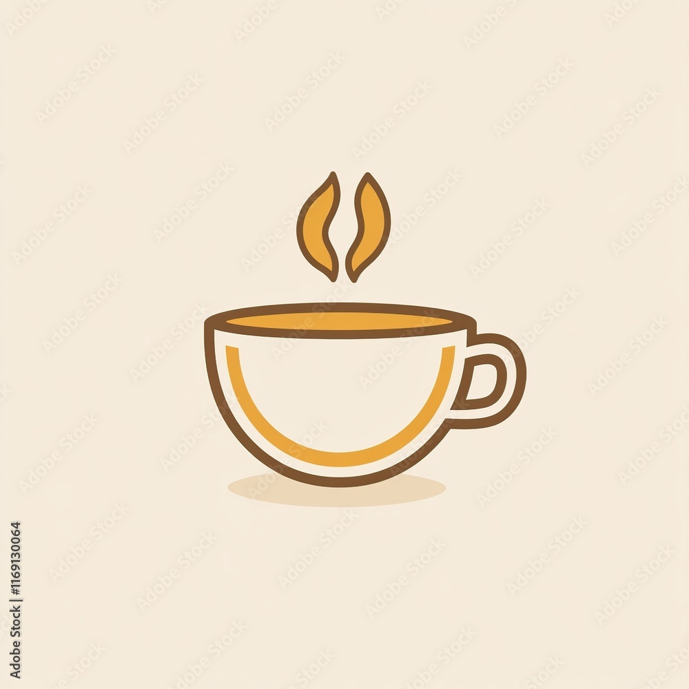 Obraz premium A minimalist illustration of a steaming cup of coffee made with smooth vector lines. The cup is placed centrally on a light beige background. The color scheme uses earthy browns and creamy whites.