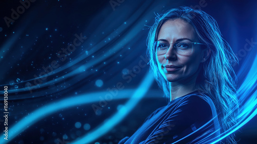 Young Woman with Blue Hair and Glasses in Dynamic Light Motion Portrait