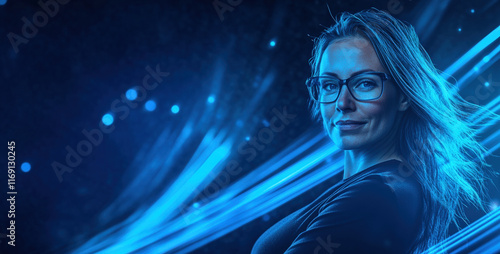 Young Woman with Blue Hair and Glasses in Dynamic Light Motion Portrait