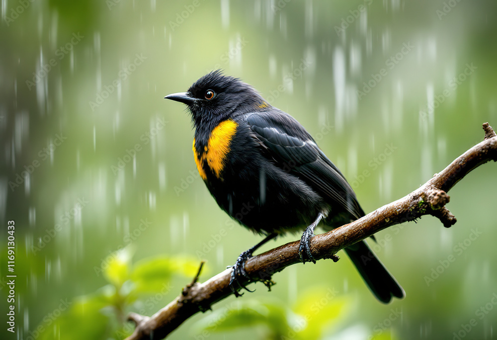 Fototapeta premium A black and yellow bird perched on a branch in a blurry, rainy environment