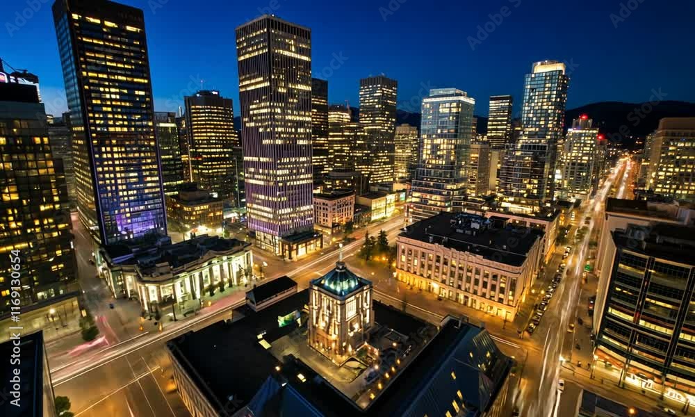 Nighttime cityscape with illuminated skyscrapers and streets.