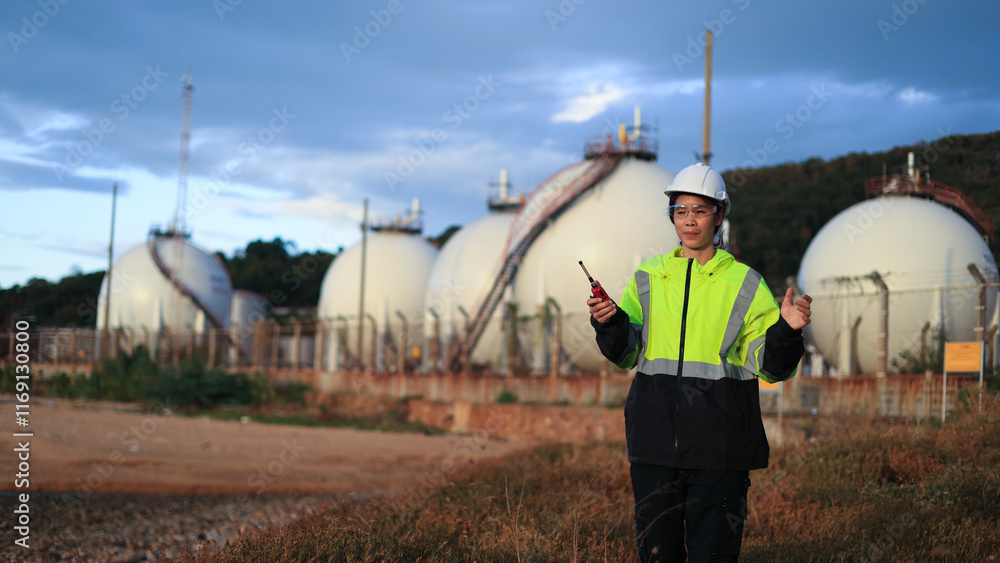 custom made wallpaper toronto digitalA female engineer with a green safety jacket holding walkies talkies checking on the site of the Petrochemical plant