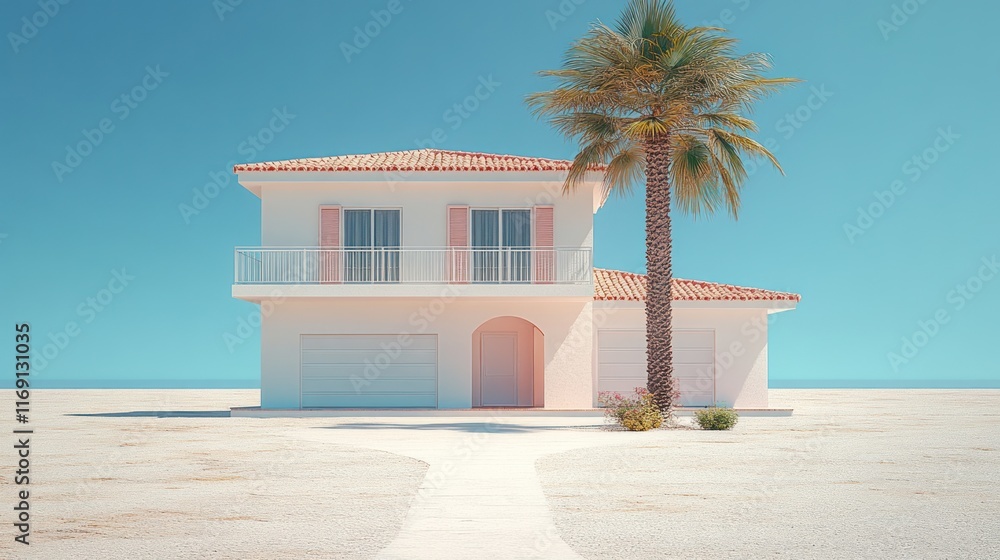 Fototapeta premium Beachfront villa with palm tree.