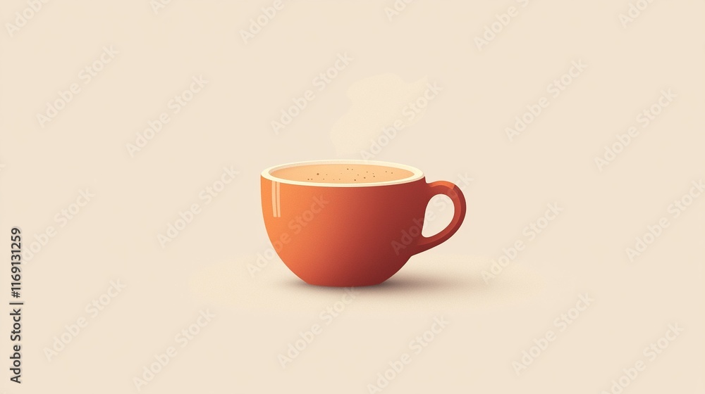 A minimalist illustration of a steaming cup of coffee made with smooth vector lines. The cup is placed centrally on a light beige background. The color scheme uses earthy browns and creamy whites.