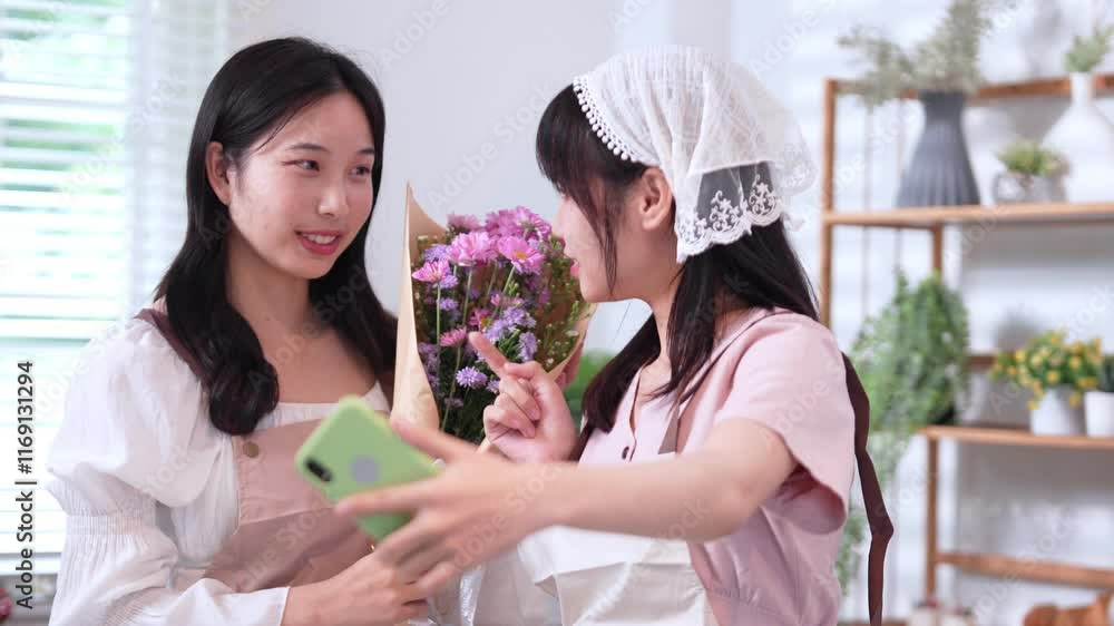 Two florists taking a joyful selfie with a beautifully arranged flower bouquet, celebrating their work with pride. Two florists taking a joyful selfie with a beautifully arranged flower bouquet, celebrating their work with pride.