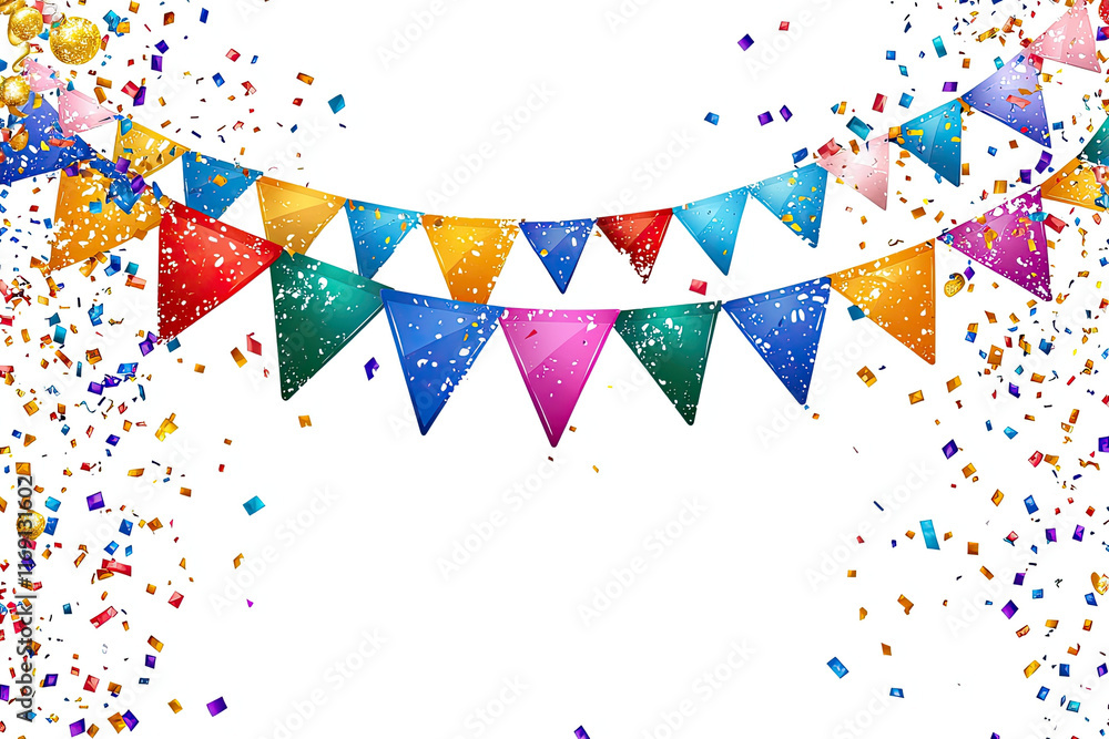 Obraz premium Colorful party banner with festive flags and confetti for celebrations