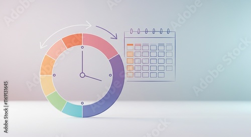Colorful Time Management Concept with Clock and Calendar Illustration. This illustration is interesting and relevant for visualizing concepts related to time management, productivity, and organization