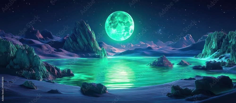 Glowing turquoise ocean reflecting a massive brilliant alien moon against a starry mystic night sky in a fantastical surreal coastal landscape with towering mountains and cliffs Serene peaceful Glowing turquoise ocean reflecting a massive brilliant alien moon against a starry mystic night sky in a fantastical surreal coastal landscape with towering mountains and cliffs Serene peaceful