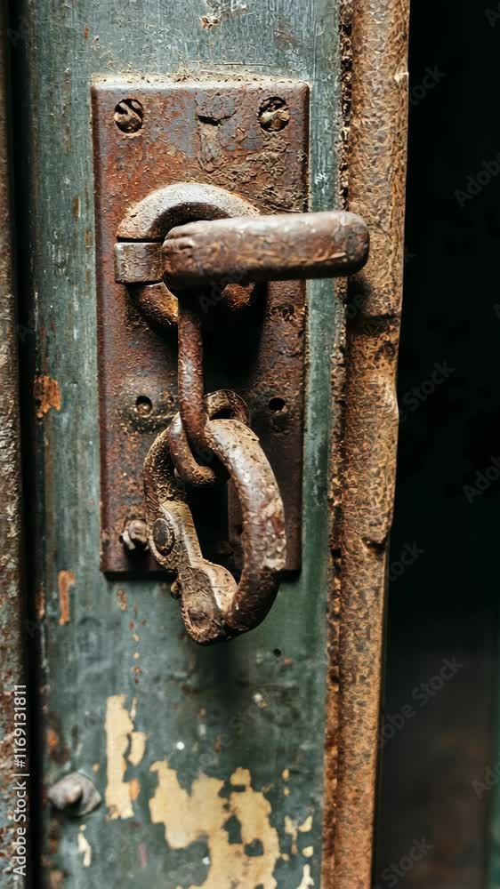 Rusty metal latch on an old wooden door in an abandoned building in the countryside Rusty metal latch on an old wooden door in an abandoned building in the countryside