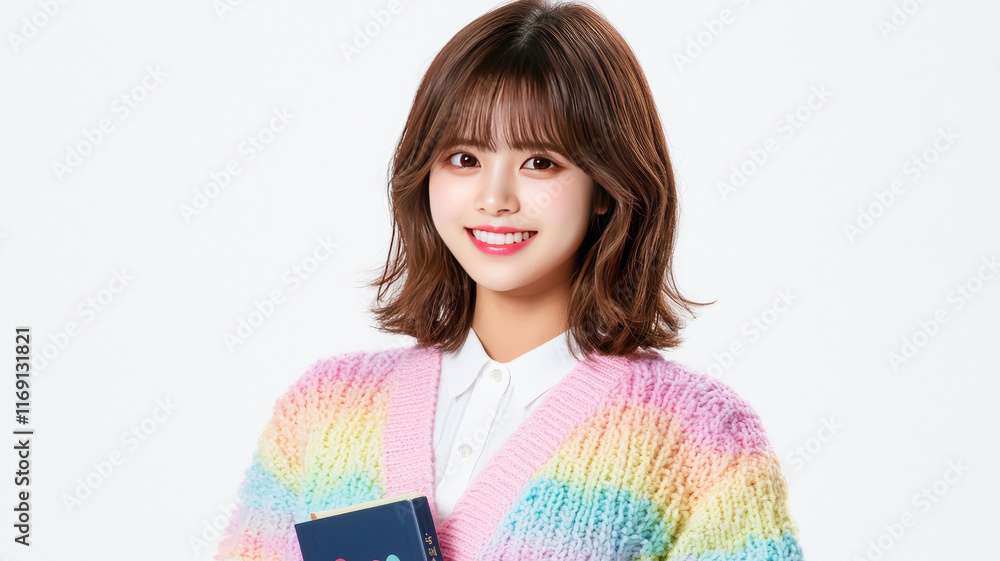 cheerful woman with bangs wearing pastel sweater holds book cheerful woman with bangs wearing pastel sweater holds book