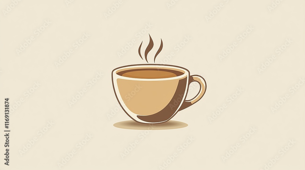 Obraz premium A minimalist illustration of a steaming cup of coffee made with smooth vector lines. The cup is placed centrally on a light beige background. The color scheme uses earthy browns and creamy whites.
