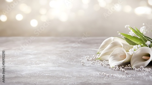 Elegant White Calla Lilies and Pearls on Grey