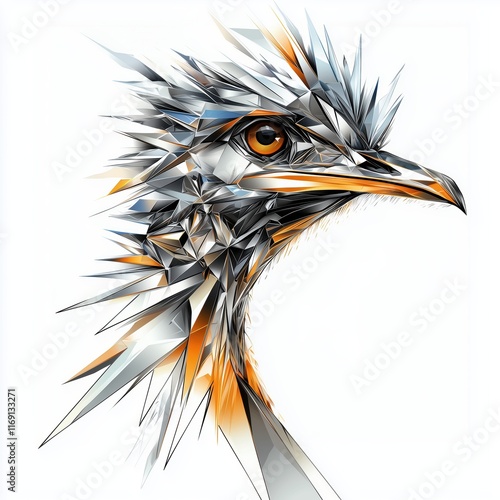 Modern polygonal design of a powerful ostrich in silver and gold on white photo