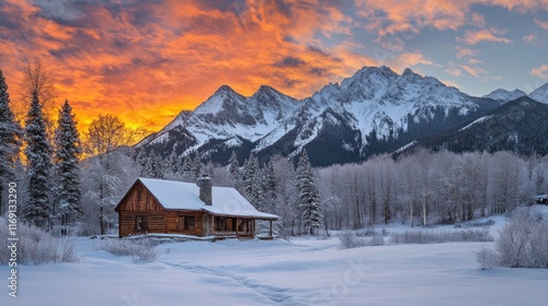 A winter sunset casts a warm glow over a snow-covered cabin nestled among towering mountains and frost-laden trees.