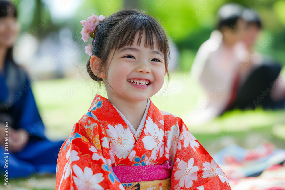 Smiling girl in a red kimono enjoying Hanami festivities under cherry blossoms on a sunny spring day in the park Smiling girl in a red kimono enjoying Hanami festivities under cherry blossoms on a sunny spring day in the park