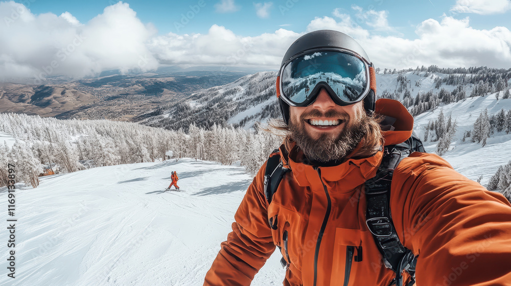 Smiling man in ski gear taking selfie on snowy mountain peak. Concept of adventure. Smiling man in ski gear taking selfie on snowy mountain peak. Concept of adventure.