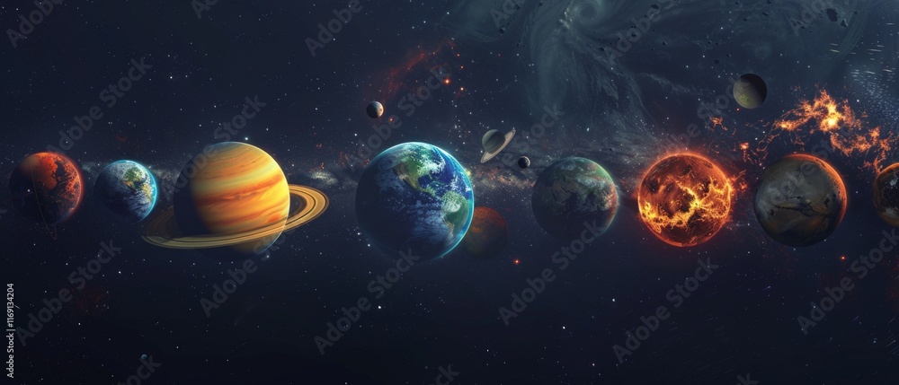 Naklejka premium This is an image of the planets of the solar system against the background of space. Suitable for illustrations in astronomy textbooks, popular science articles and presentations about space.