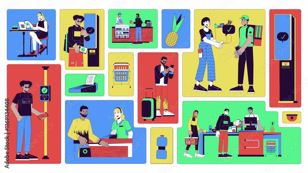 Wireless payment in everyday life animated bento grid layout. Contactless services. Diverse people paying mobile phone 2D animation flat cartoon ui collage design. 4K video motion graphic collection Wireless payment in everyday life animated bento grid layout. Contactless services. Diverse people paying mobile phone 2D animation flat cartoon ui collage design. 4K video motion graphic collection