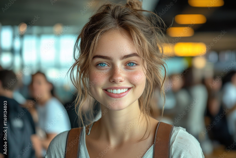smiling woman with her luggage in bustling airport, exuding youthful happiness, transitions to a panoramic view of city, where she enjoys vibrant city life, indulging in shopping with friends smiling woman with her luggage in bustling airport, exuding youthful happiness, transitions to a panoramic view of city, where she enjoys vibrant city life, indulging in shopping with friends