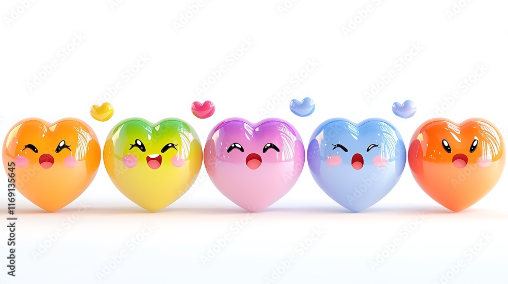 Five colorful cartoon hearts with happy expressions. Five colorful cartoon hearts with happy expressions.