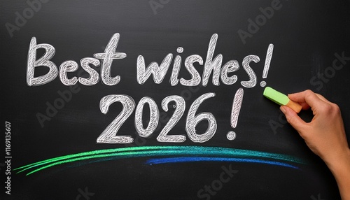 best wishes for 2026 text number new year handwritten greetings on a blackboard chalkboard hand written chalk writing hand handwriting photo