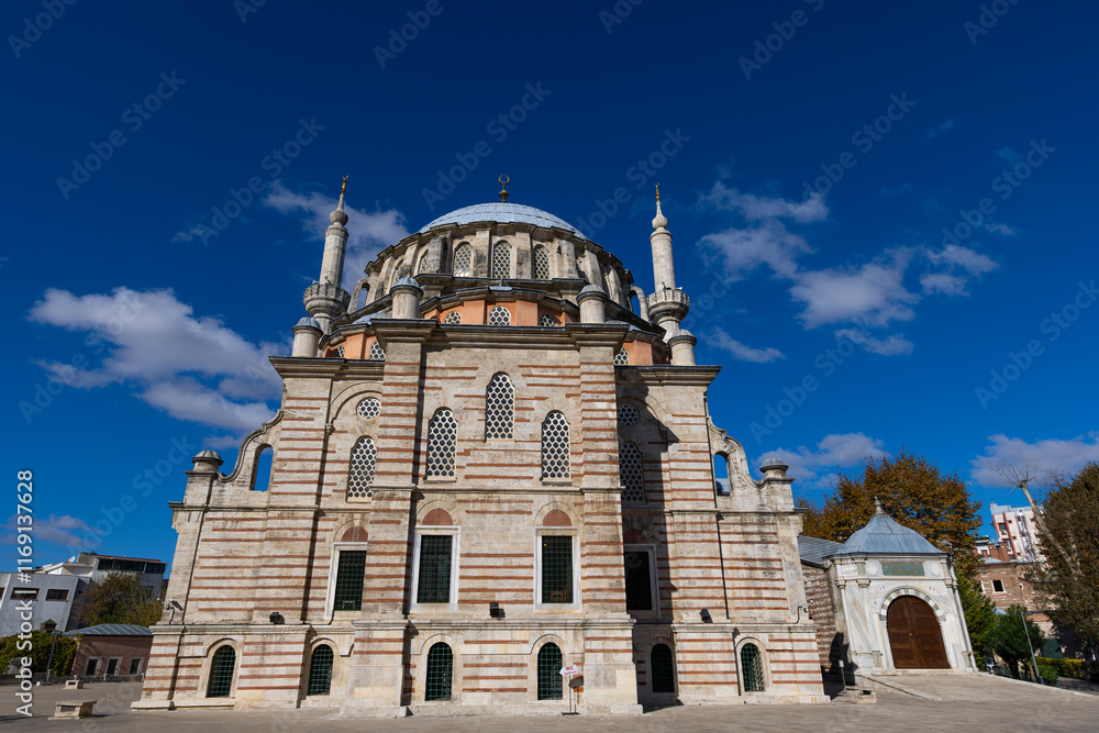 Laleli Mosque also known a Tulip mosque. Exterior shot. Arabic text as decor (verses from Koran, muslim Holy book). Ottoman