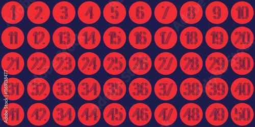 Numbers, 1 to 50 red circle cut lines with blue background photo