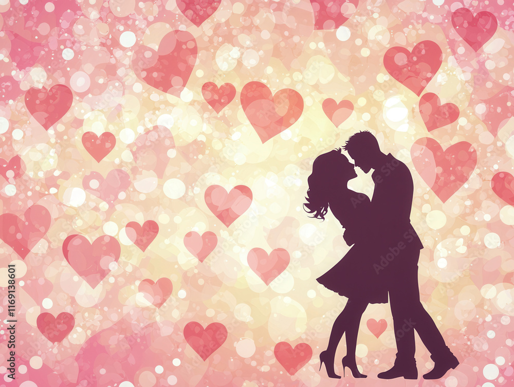 Silhouetted couple kissing against romantic heart filled background Silhouetted couple kissing against romantic heart filled background