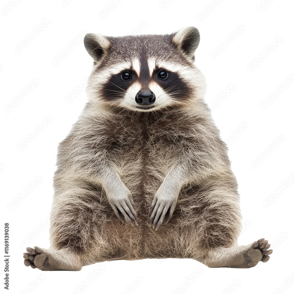 Raccoon sitting comfortably with paws on its belly Raccoon sitting comfortably with paws on its belly