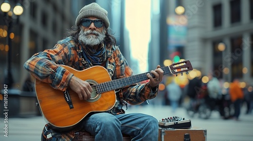 Street Performer Captivating Passersby with Expressive Guitar Playing in Downtown City Scene photo