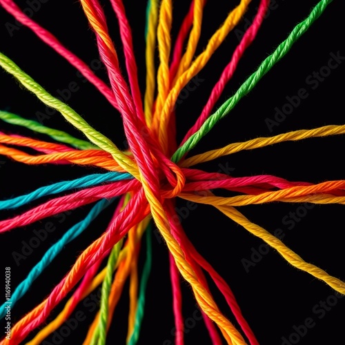 vibrant yarn threads in a geometric pattern against a black background