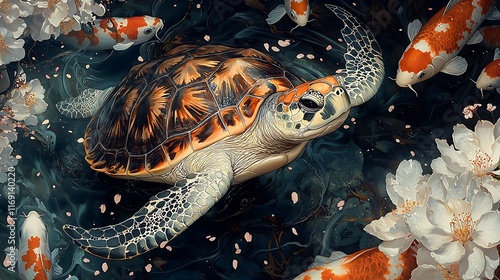 Serene sea turtle surrounded by Koi fish and blossoms in dark water.