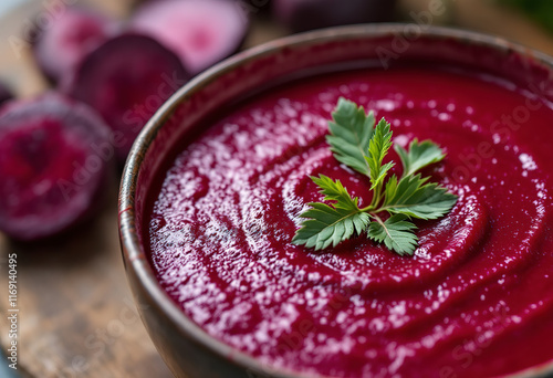 A delectable and appetizing front view of a beet soup