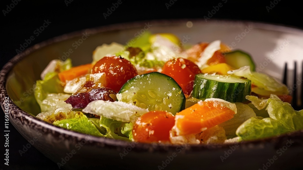 A macro image of a fresh garden salad, with crisp lettuce, cherry tomatoes, cucumber slices, shredded carrots, and a drizzle of vinaigrette. The salad is served in a rustic ceramic bowl with A macro image of a fresh garden salad, with crisp lettuce, cherry tomatoes, cucumber slices, shredded carrots, and a drizzle of vinaigrette. The salad is served in a rustic ceramic bowl with