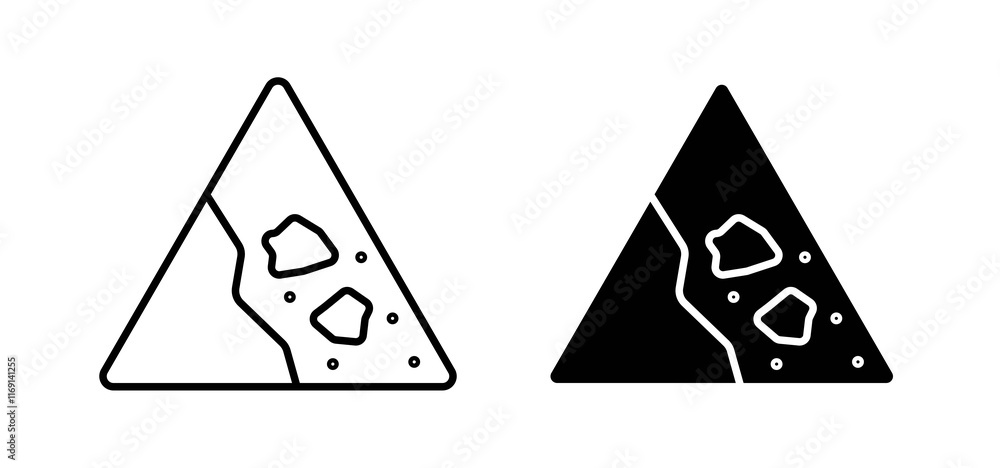 Falling rocks or debris warning road signs set in black and white colors Falling rocks or debris warning road signs set in black and white colors