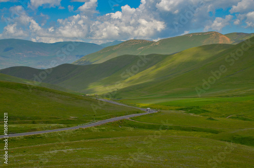 M-3 highway, Bazum Mountain Range and Pambak river valley scenic view from Spitak Pass (Jrashen, Armenia)