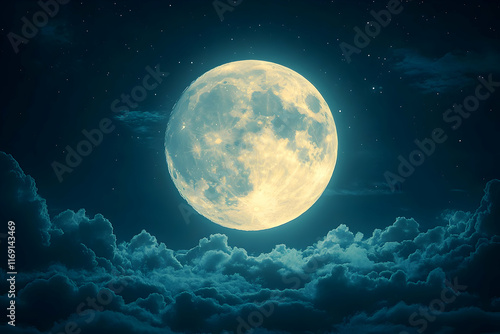 Full moon shining brightly above a layer of clouds in the night sky. photo