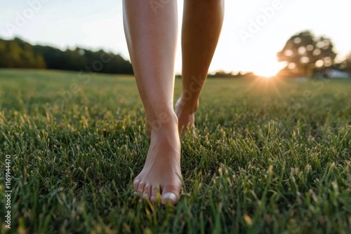 The serene moment of a person walking barefoot on lush grass at sunset evokes feelings of tranquility, freedom, and a deep connection to nature and the environment.