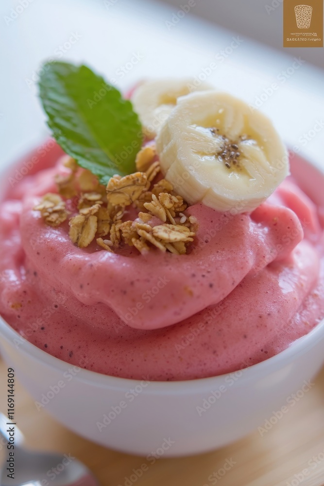 A vibrant close-up of a bowl of mixed berry smoothie topped with a perfectly arranged swirl of granola, sliced bananas, chia seeds, and fresh mint leaves. The bowl is set on a light bamboo tray, A vibrant close-up of a bowl of mixed berry smoothie topped with a perfectly arranged swirl of granola, sliced bananas, chia seeds, and fresh mint leaves. The bowl is set on a light bamboo tray,