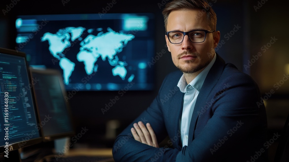 Intense focus of a young professional in a modern workspace engaged in global network analysis Intense focus of a young professional in a modern workspace engaged in global network analysis