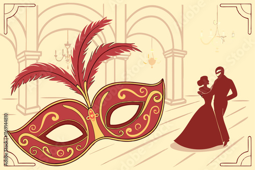 .Red Masquerade Fantasy. Venetian Masks & Festival Celebration - Valentine's Day Carnival Elegance