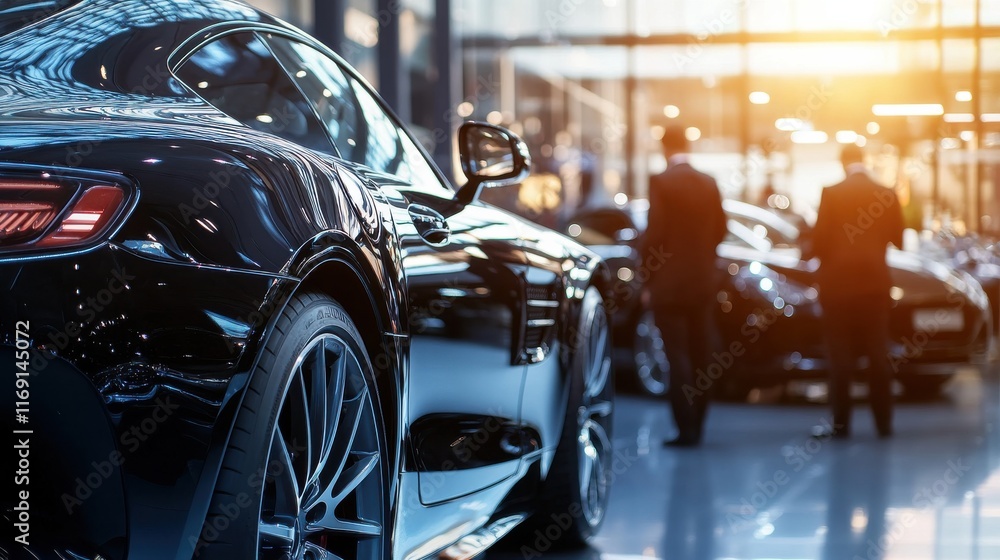 Elegant luxury cars showcased in a modern showroom during golden hour with silhouette of attentive customers Elegant luxury cars showcased in a modern showroom during golden hour with silhouette of attentive customers