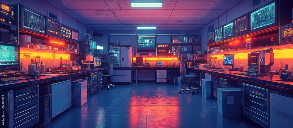 Futuristic laboratory interior at night with neon lighting, advanced equipment, and computers. Futuristic laboratory interior at night with neon lighting, advanced equipment, and computers.