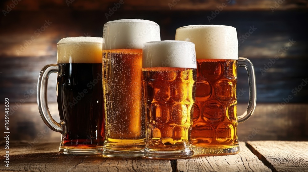 Four glassed of beer on wooden background Four glassed of beer on wooden background