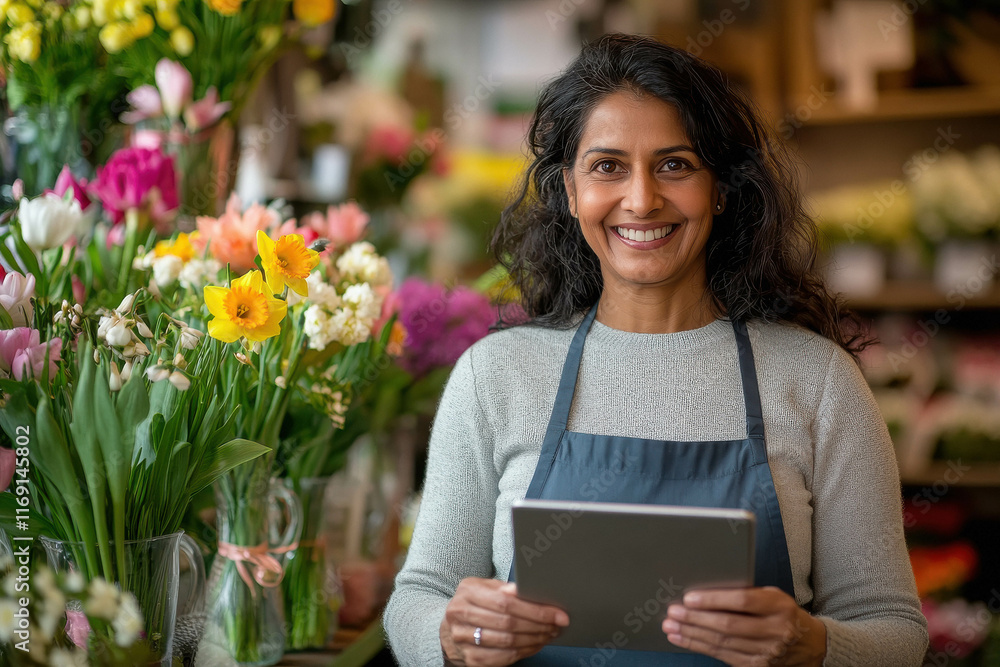 Fototapeta premium young indian woman using laptop at flower shop