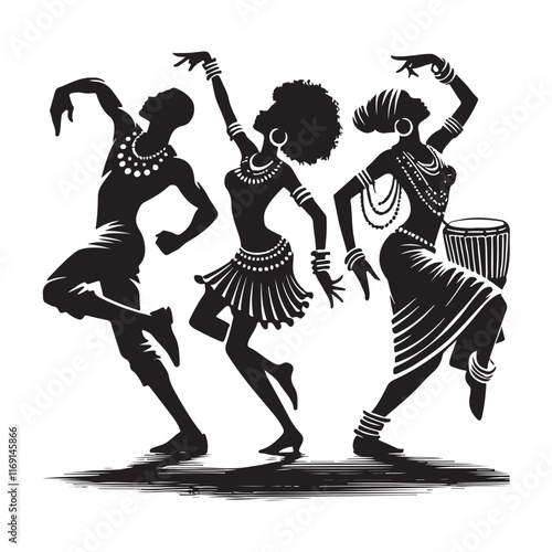 African Dance Silhouette Vector Illustration, Solid White Background.