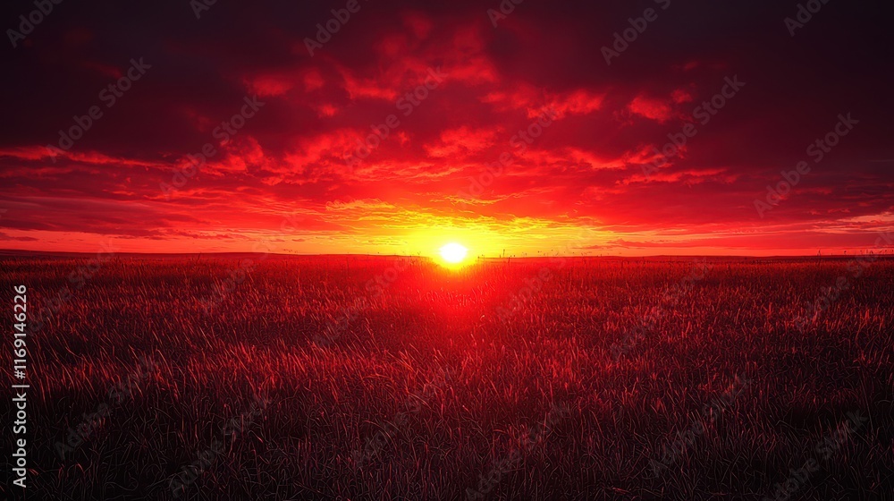 Red sunset over an open field reflecting nature's beauty during twilight hours Red sunset over an open field reflecting nature's beauty during twilight hours