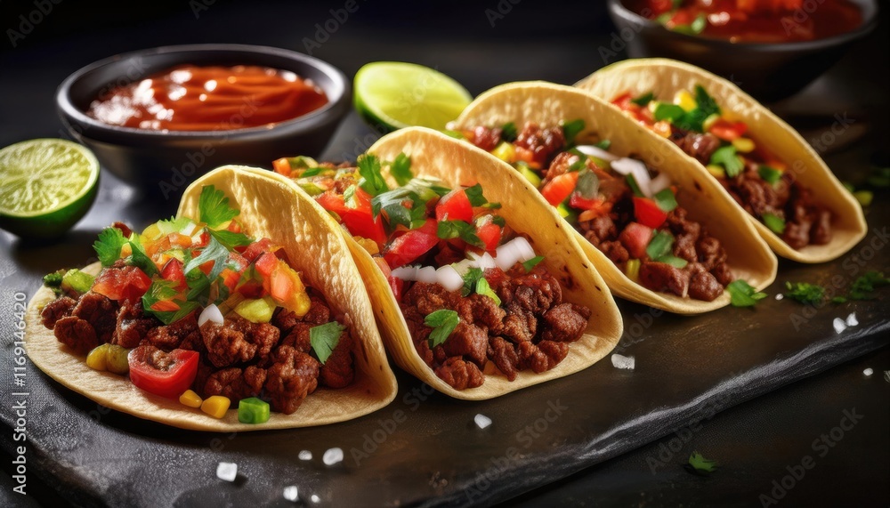 A close-up of delicious tacos with fresh vegetables and meat on a dark background A close-up of delicious tacos with fresh vegetables and meat on a dark background
