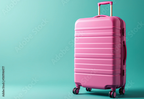 A pink hardshell suitcase with a telescopic handle and wheels, standing on a teal background