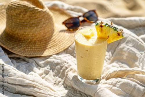 Tropical pineapple smoothie on beach photo